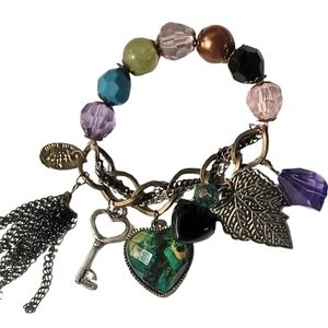 Colorful Charm Bracelet with Peacock Heart and Key Accents